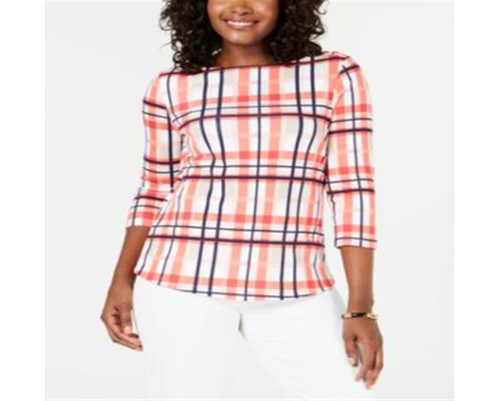 Charter Club Women's Cotton Plaid Boat Neck Top Pink Size Medium