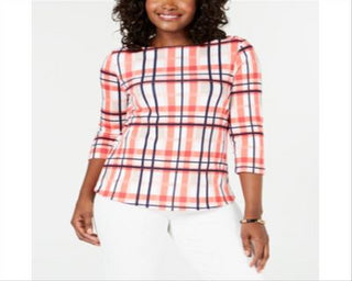 Charter Club Women's Cotton Plaid Boat Neck Top Pink Size Medium