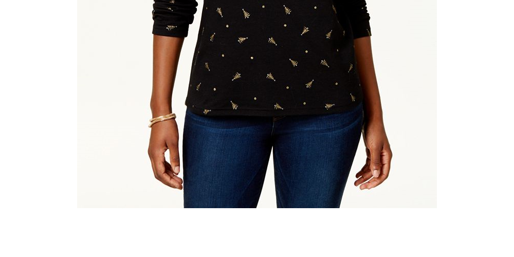Karen Scott Women's Tree Print Mock Neck Top Black Size Petite S