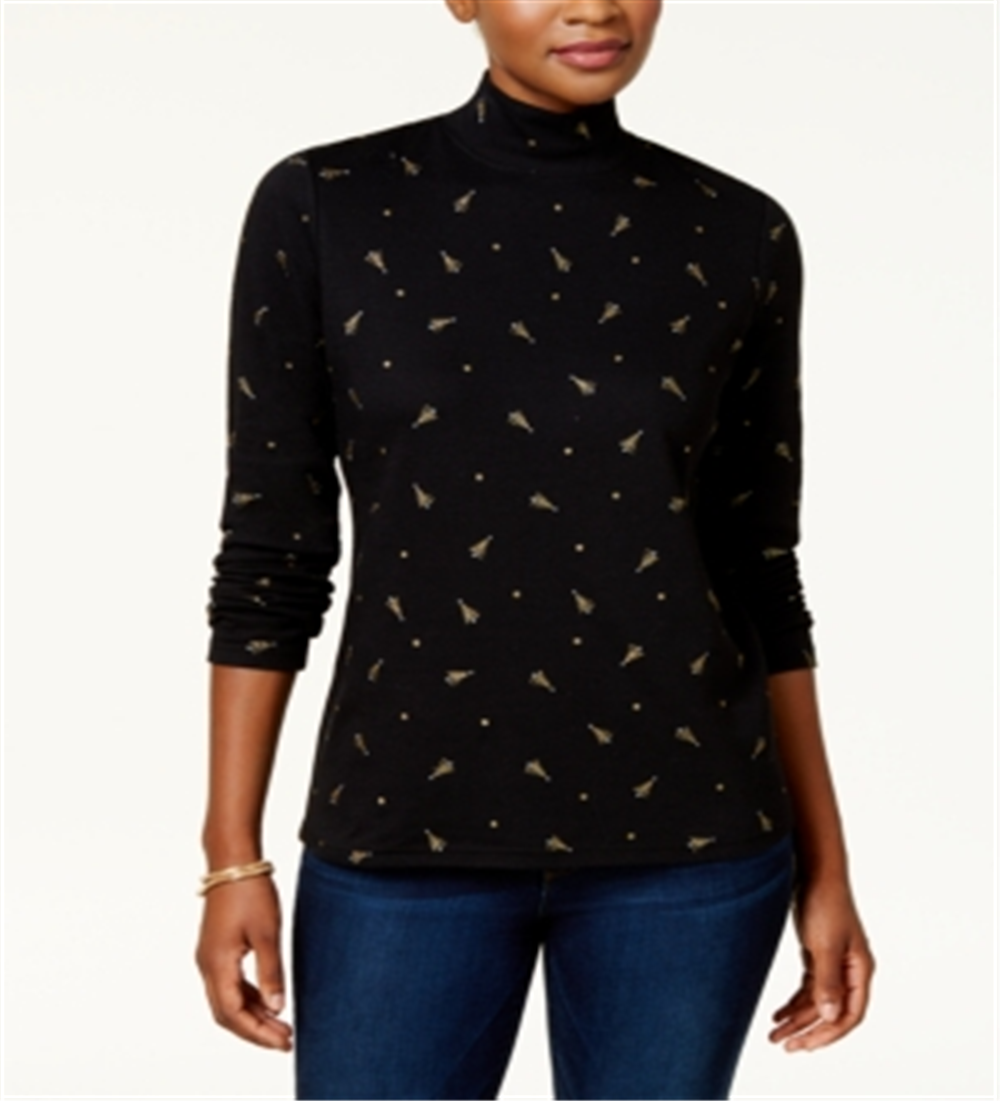Karen Scott Women's Tree Print Mock Neck Top Black Size Petite S