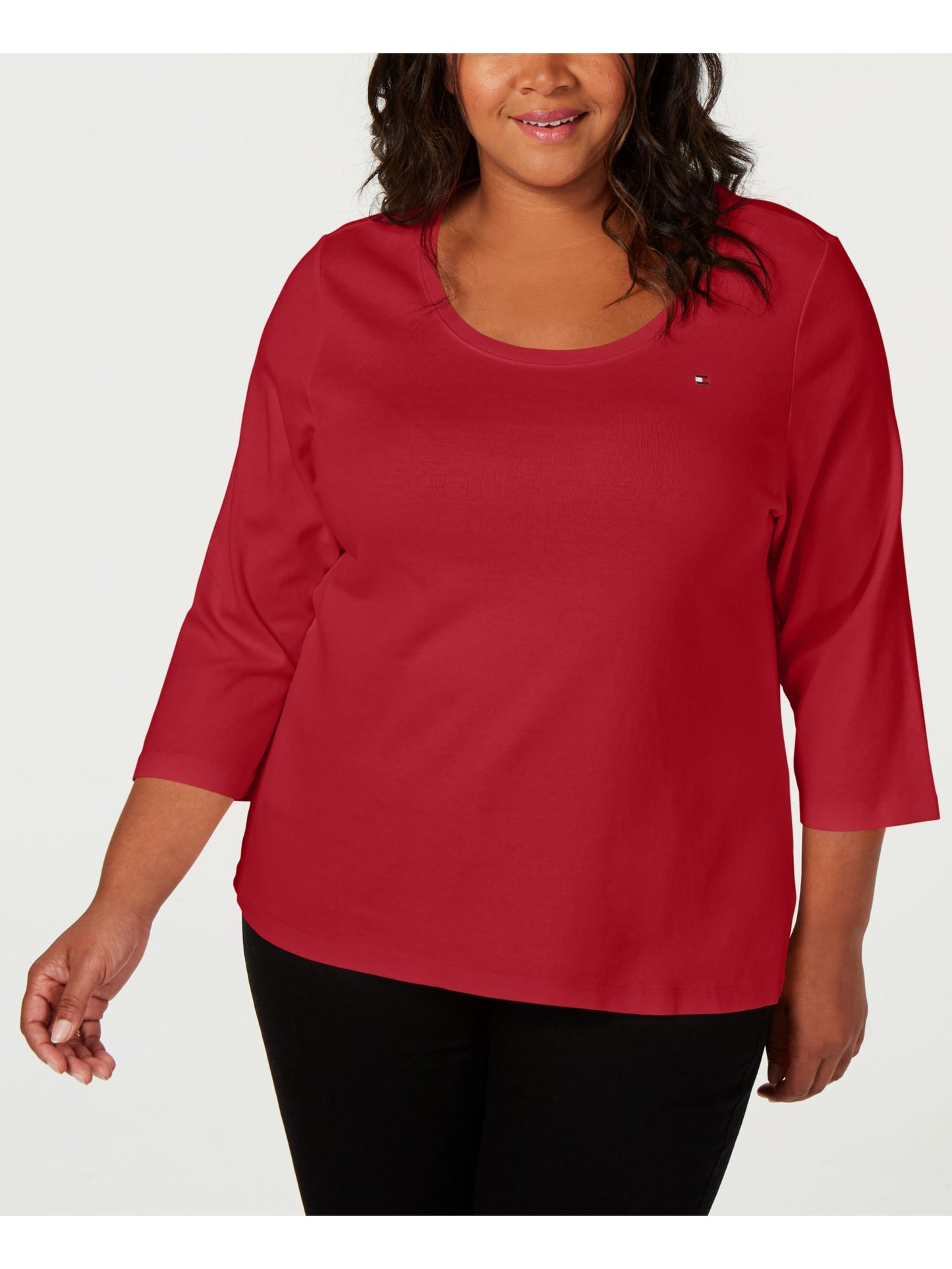 Tommy Hilfiger Women's 3/4 Sleeve Scoop Neck Top Red Size 2X