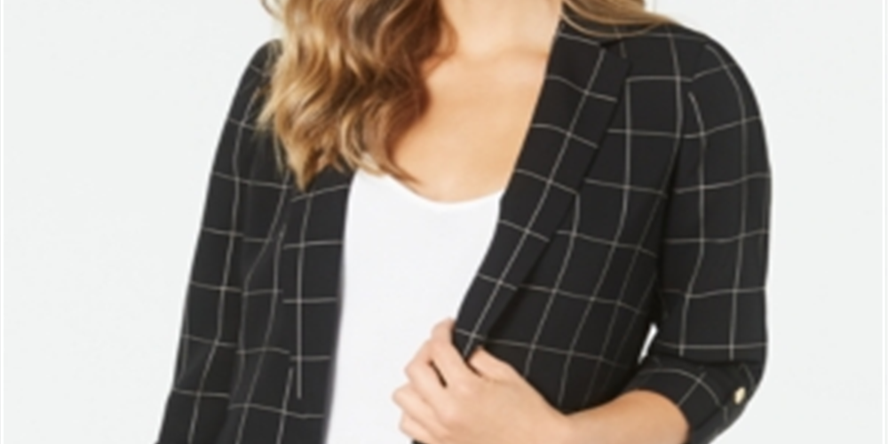 Calvin Klein Women's Windowpane Roll Tab Blazer Black Size 16