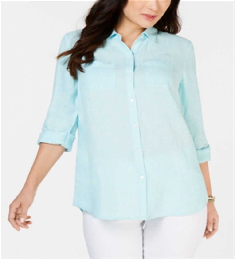 Charter Club Women's Linen Shirt Blue Size X-Small