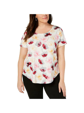 Alfani Women's Floral Short Sleeve T-Shirt Top Brown Size Petite Large