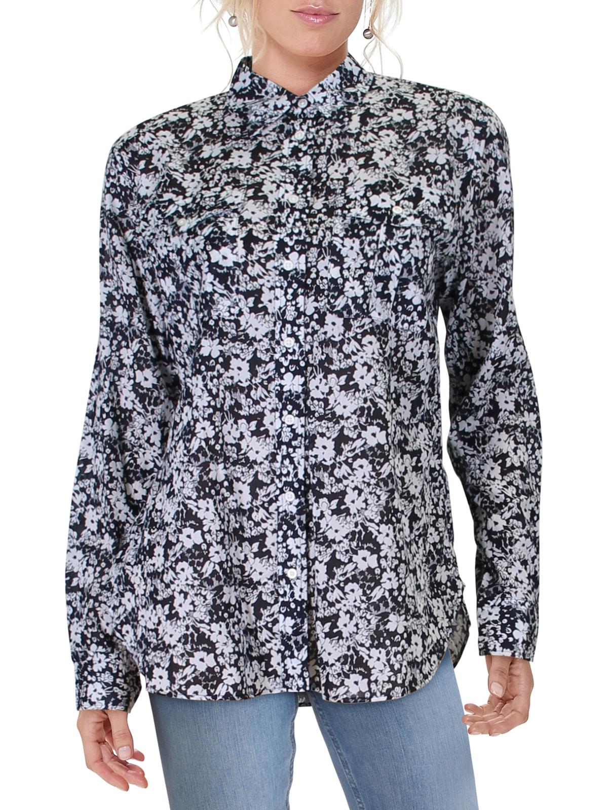 Ralph Lauren Women's Courtenay Floral Print Collar Button Down Top Navy -Cream Size Medium