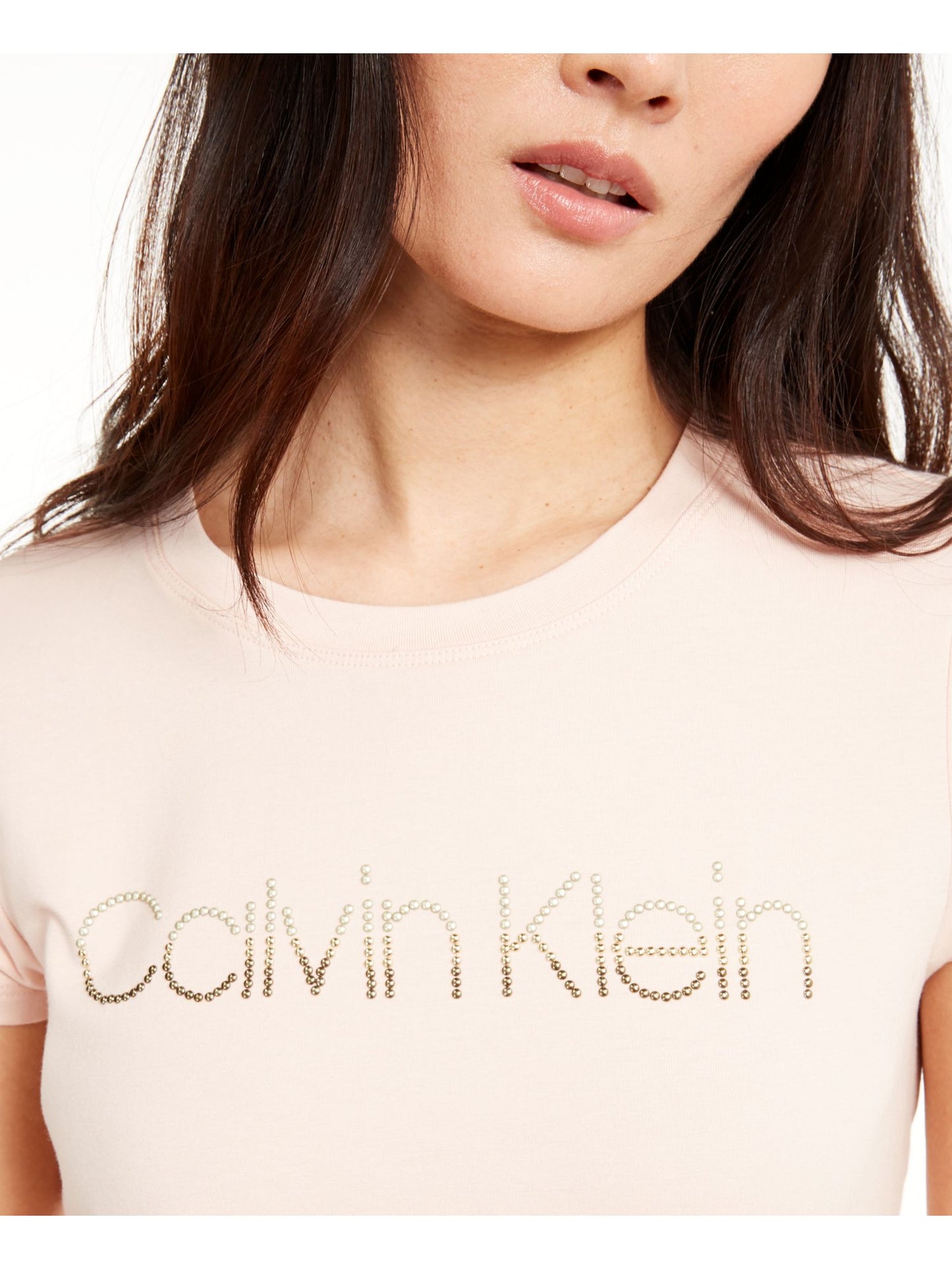 Calvin Klein Women's Embellished Crewneck Logo T-Shirt Pink Size Small