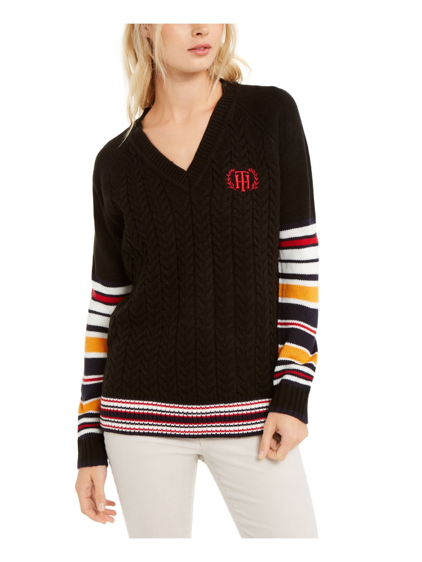 Tommy Hilfiger Women's Contrast Trim Embroidered Logo Pullover Sweater Black Size X-Small