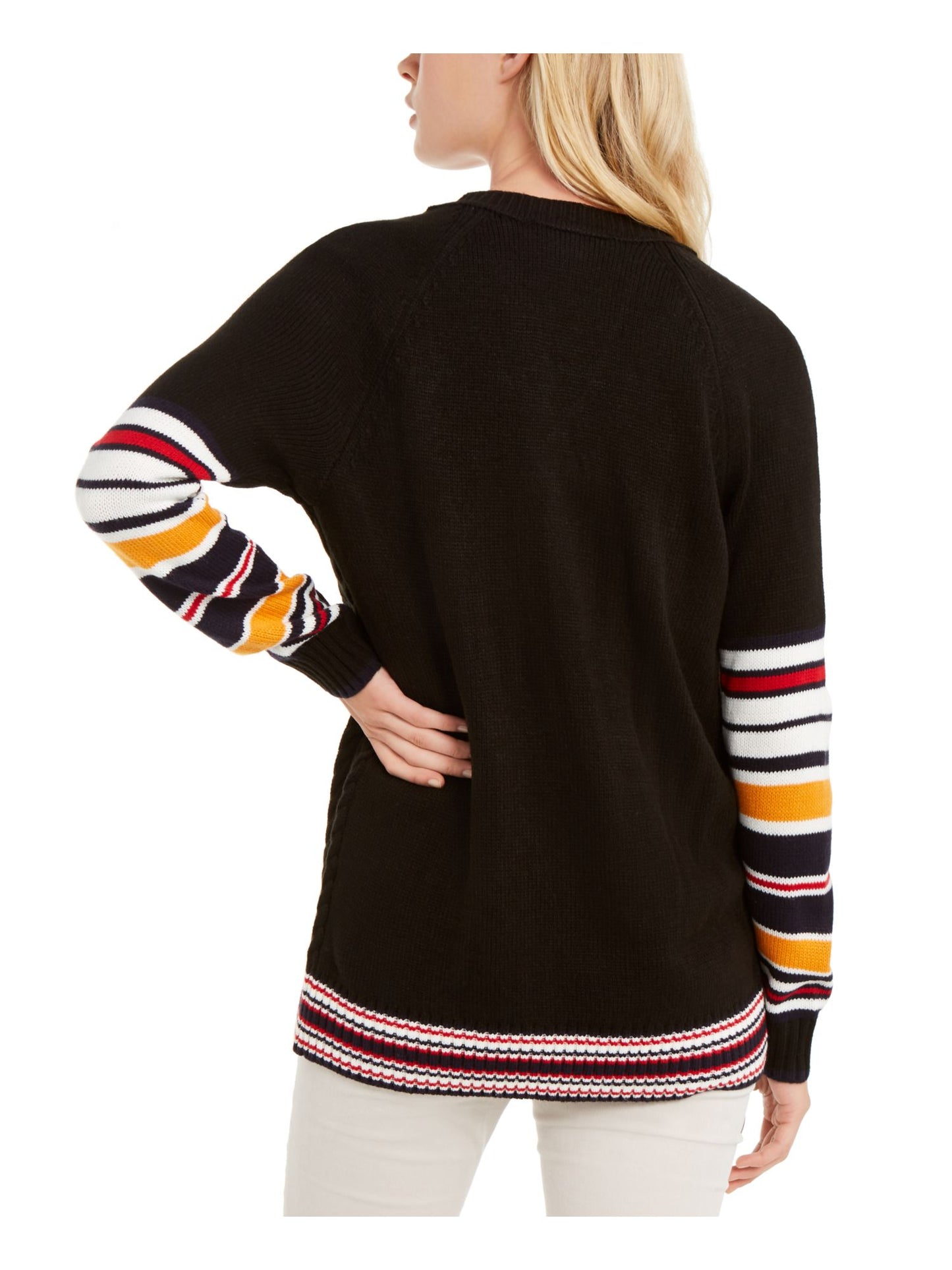 Tommy Hilfiger Women's Contrast Trim Embroidered Logo Pullover Sweater Black Size X-Small