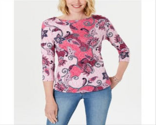 Charter Club Women's Printed Cotton 3/4 Sleeve Top Pink Size Medium