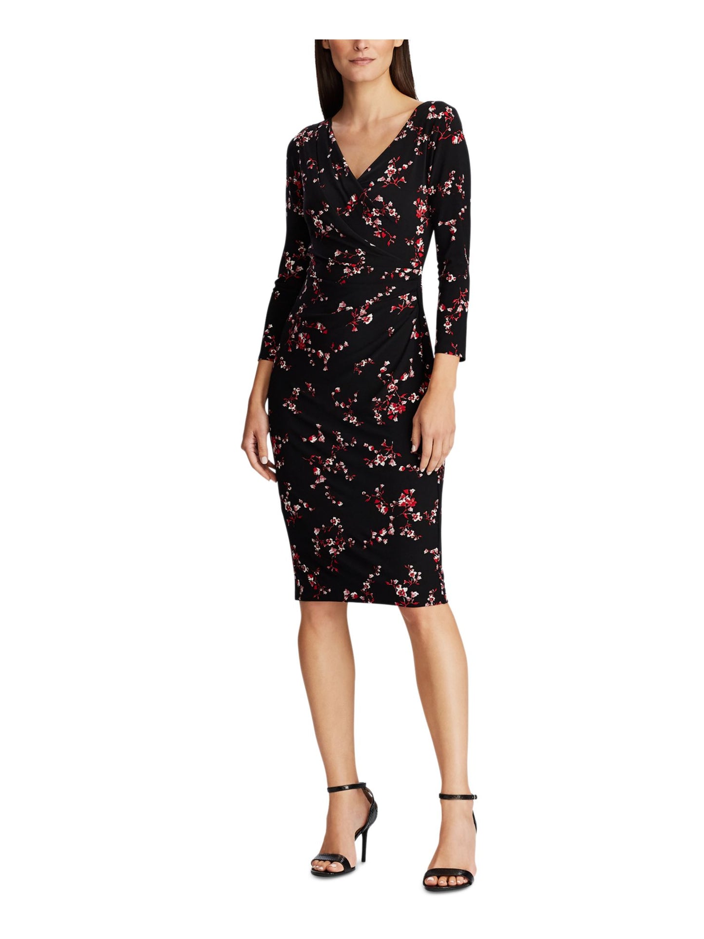 Ralph Lauren Women's Floral 3/4 Sleeve V Neck Above the Knee Sheath Party Dress Black Size 0