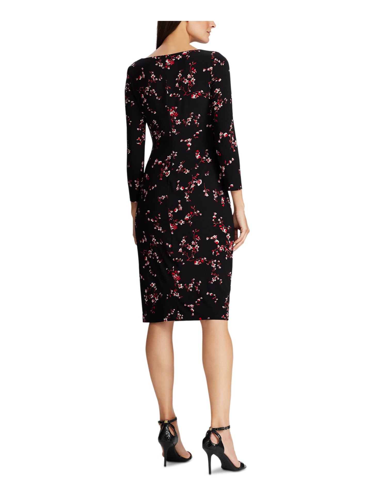 Ralph Lauren Women's Floral 3/4 Sleeve V Neck Above the Knee Sheath Party Dress Black Size 0
