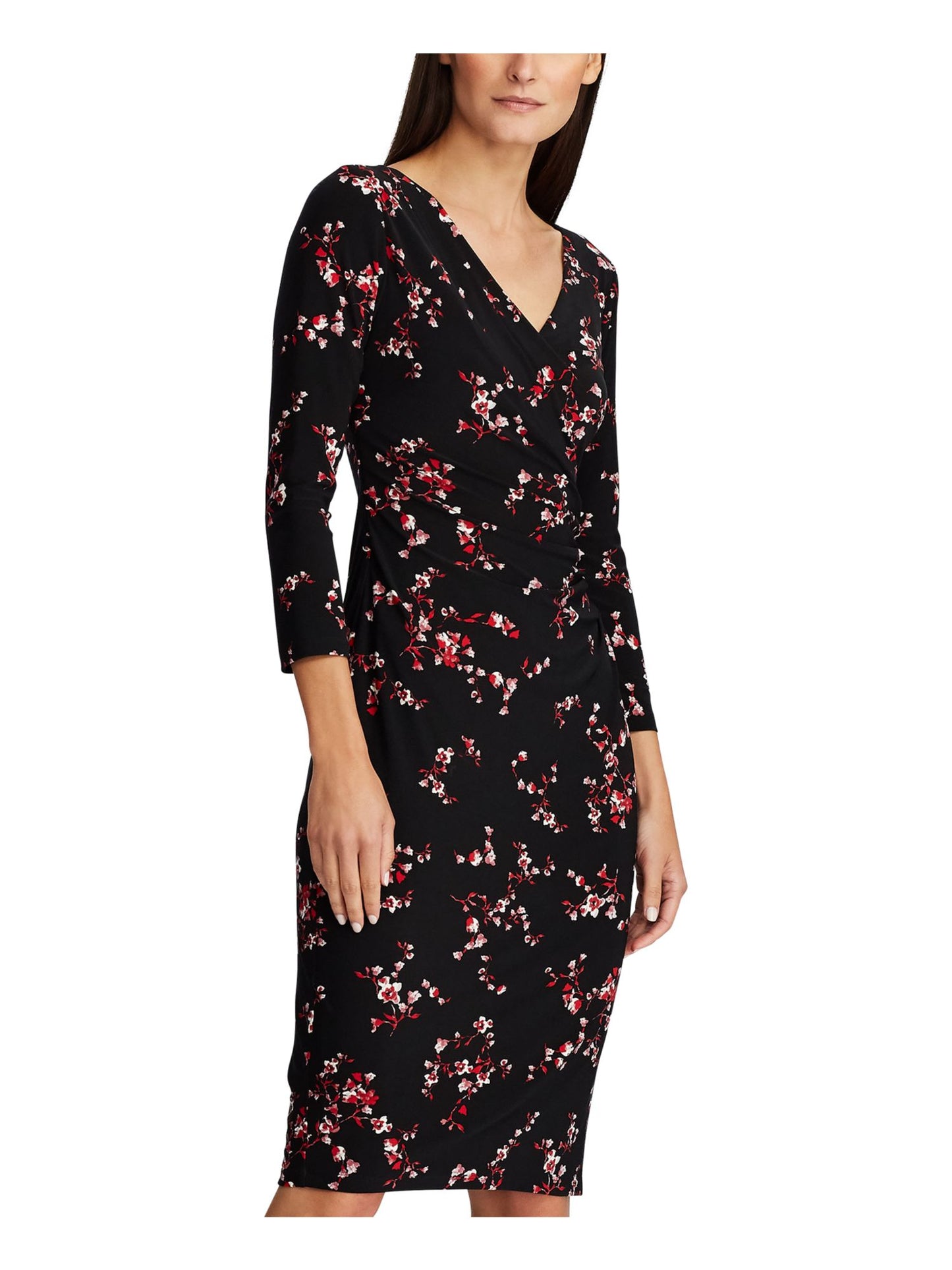Ralph Lauren Women's Floral 3/4 Sleeve V Neck Above the Knee Sheath Party Dress Black Size 0