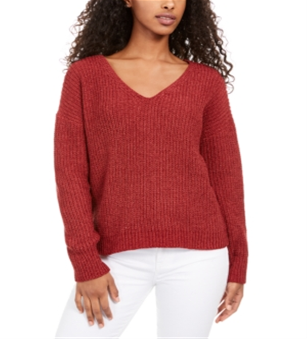 Hippie Rose Junior's Chenille V Neck Sweater Red Size X-Large