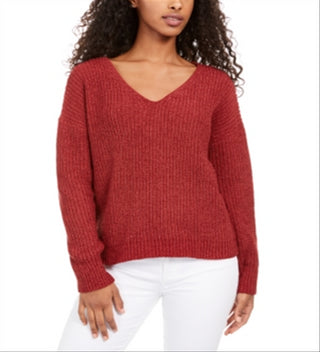 Hippie Rose Junior's Chenille V Neck Sweater Red Size X-Large