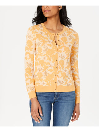 Charter Club Women's Printed Long Sleeve Crew Neck Button up Party Top Yellow Size Small