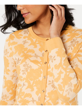 Charter Club Women's Printed Long Sleeve Crew Neck Button up Party Top Yellow Size Small
