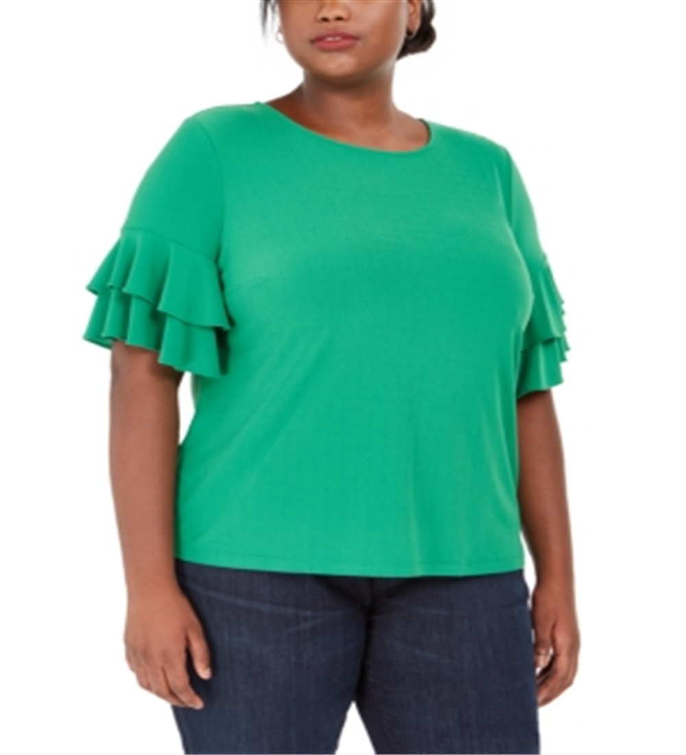 INC International Concepts Women's Plus Ruffle Sleeve Top Green One Size
