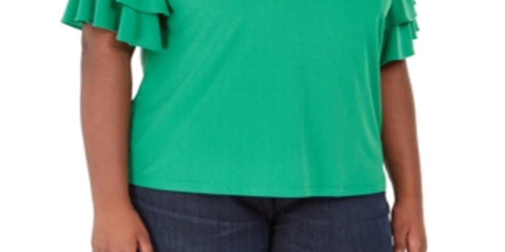 INC International Concepts Women's Plus Ruffle Sleeve Top Green One Size