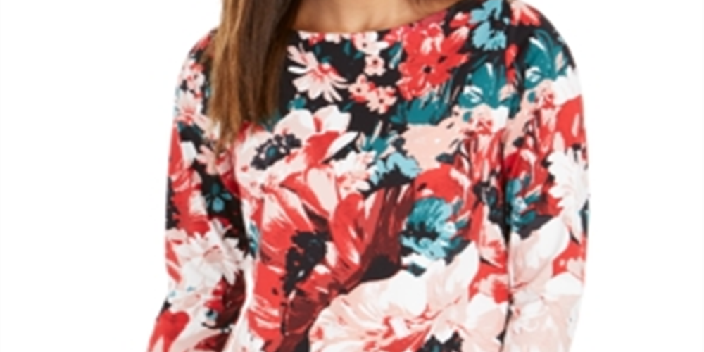 Charter Club Women's Floral Print Boat Neck Top Red Size Large