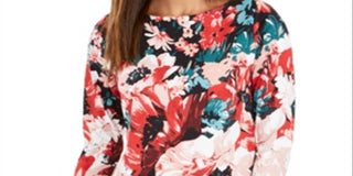 Charter Club Women's Floral Print Boat Neck Top Red Size Large