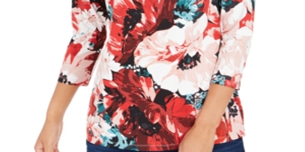 Charter Club Women's Floral Print Boat Neck Top Red Size Large