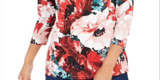 Charter Club Women's Floral Print Boat Neck Top Red Size Large