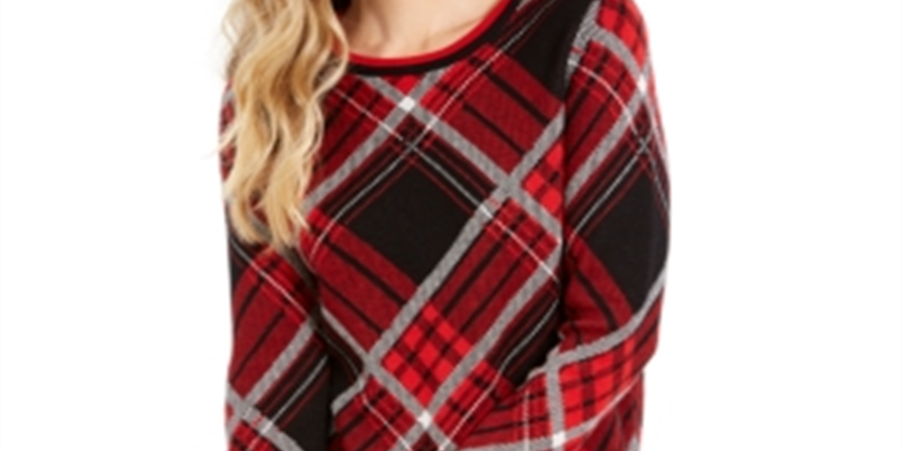 Charter Club Women's Plaid Crewneck Sweater Black Size Large