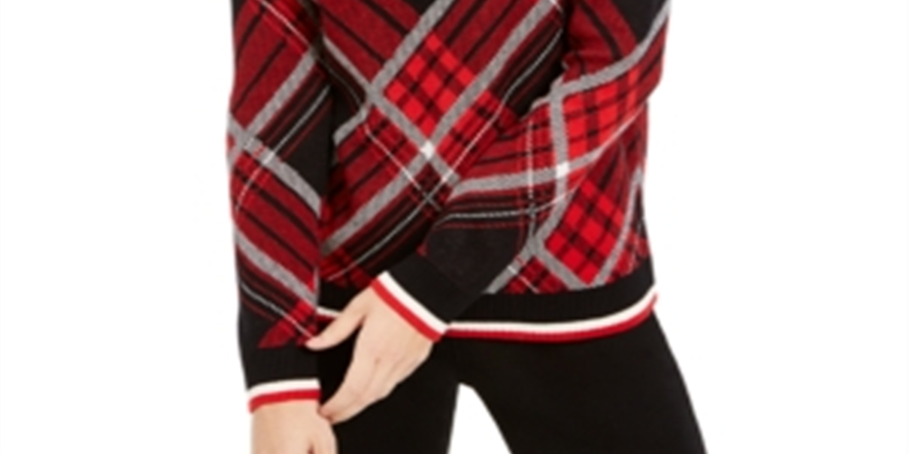 Charter Club Women's Plaid Crewneck Sweater Black Size Large