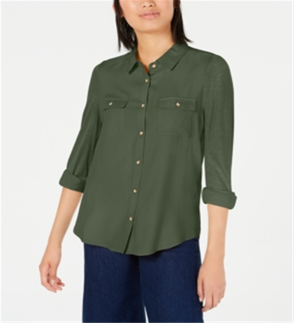 Ultra Flirt Junior's Mixed Media Utility Shirt Green Size XL