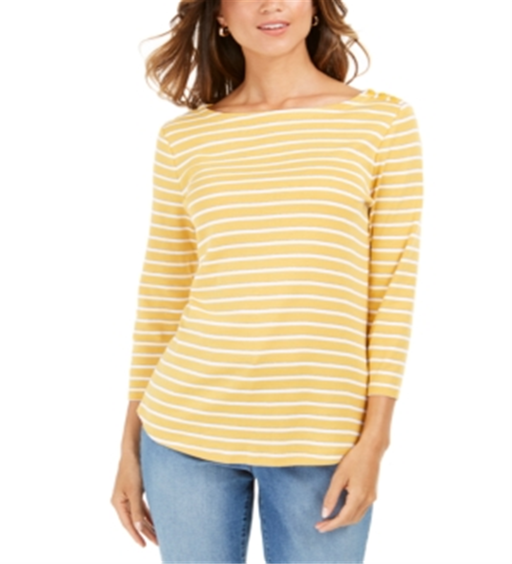 Charter Club Women's Pima Cotton Button Shoulder Stripe Top Yellow Size Small