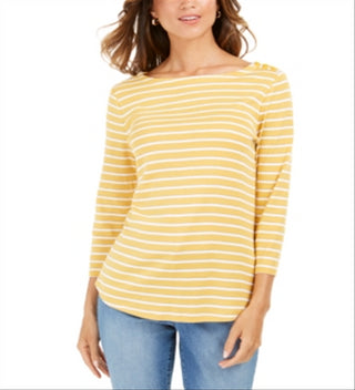 Charter Club Women's Pima Cotton Button Shoulder Stripe Top Yellow Size Small