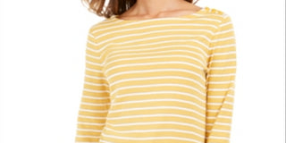 Charter Club Women's Pima Cotton Button Shoulder Stripe Top Yellow Size Small