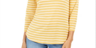 Charter Club Women's Pima Cotton Button Shoulder Stripe Top Yellow Size Small