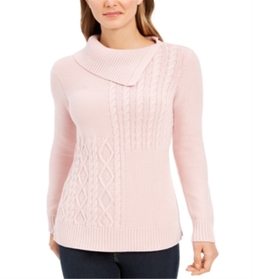 Charter Club Women's Patchwork Stitch Asymmetrical Collar Sweater Pink Size X-Small
