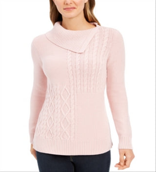 Charter Club Women's Patchwork Stitch Asymmetrical Collar Sweater Pink Size X-Small