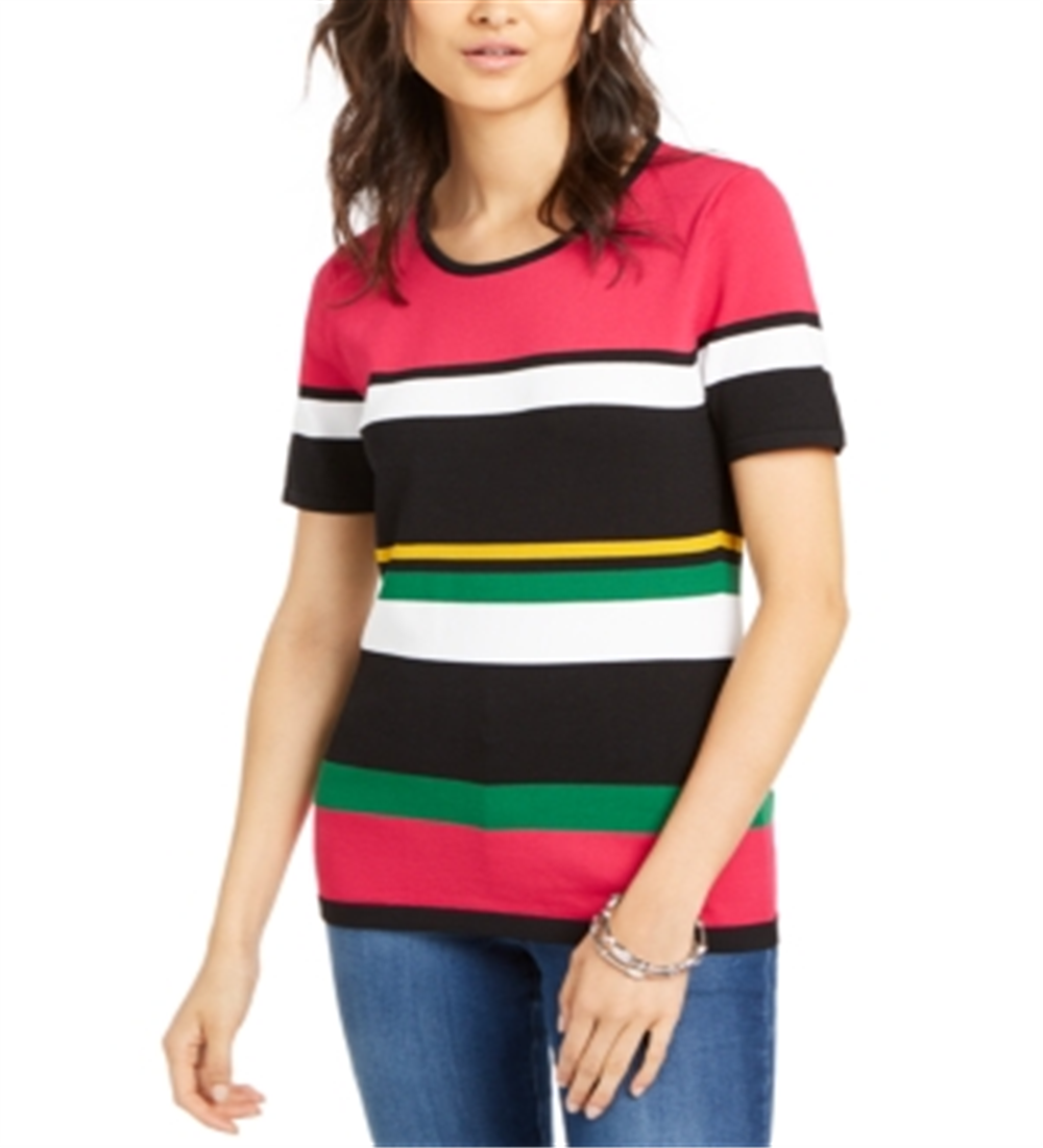 INC International Concepts Women's Short Sleeve Striped Sweater Fuchisia Size Petite S