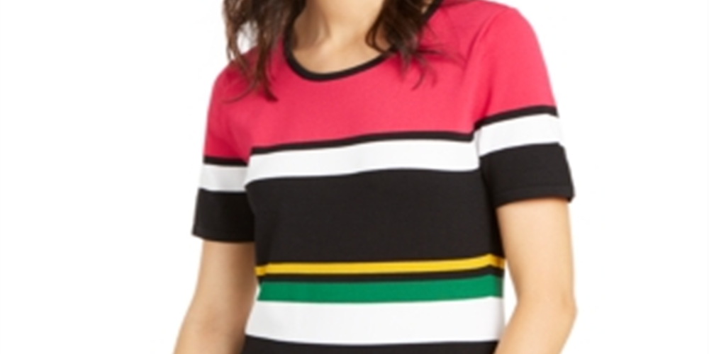 INC International Concepts Women's Short Sleeve Striped Sweater Fuchisia Size Petite S