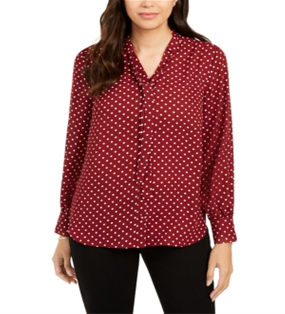 Charter Club Women's Dot Print Tie Neck Blouse Red Size Small