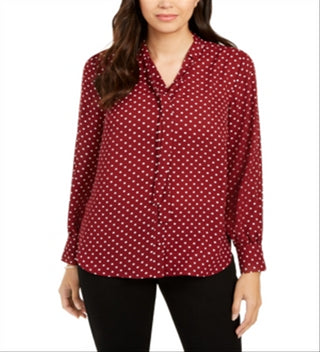 Charter Club Women's Dot Print Tie Neck Blouse Red Size Small