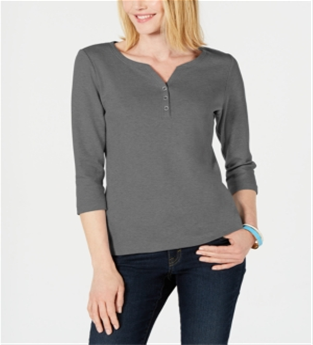 Karen Scott Women's Cotton Henley Top Charcoal Size X-Small