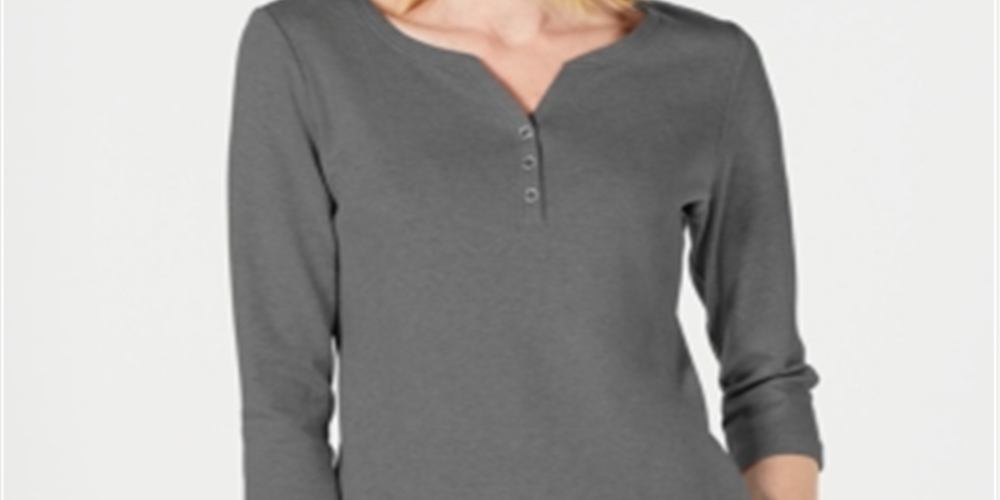 Karen Scott Women's Cotton Henley Top Charcoal Size X-Small