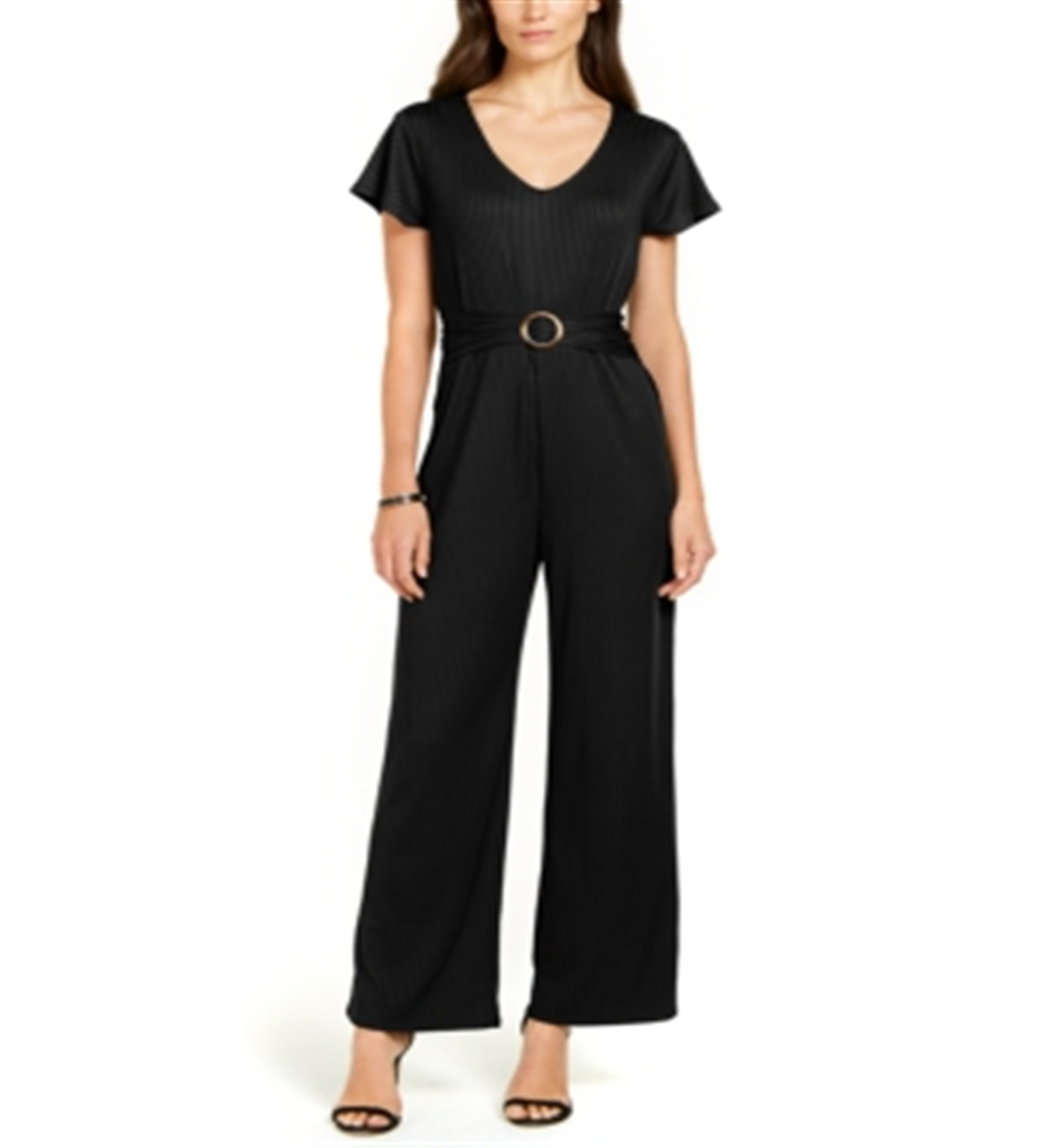 NY Collection Women's Belted Jumpsuit Black Size Petite Small