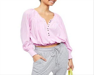 Free People Women's Prarie Henley Top Pink Size L