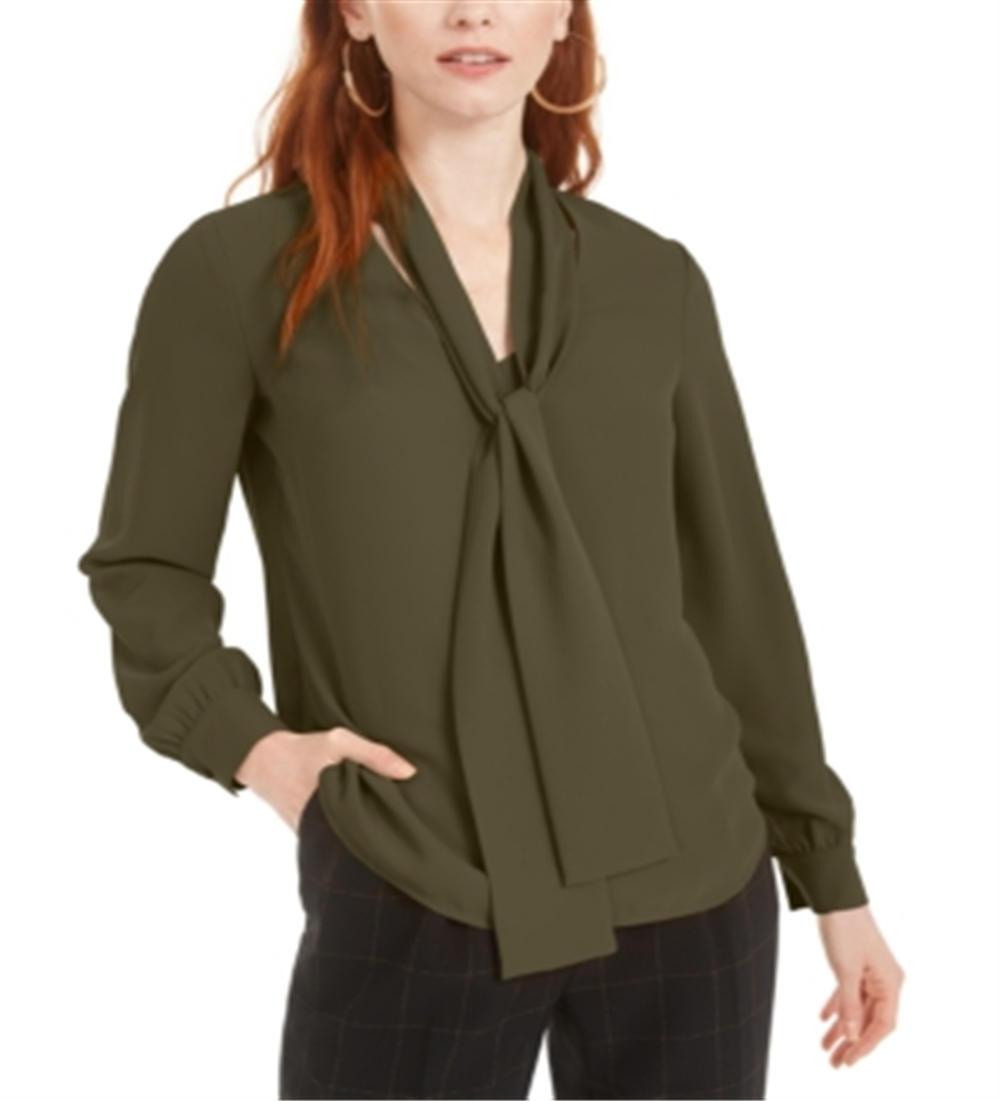 Bar III Women's Tie Neck Blouse Green Size X-Small