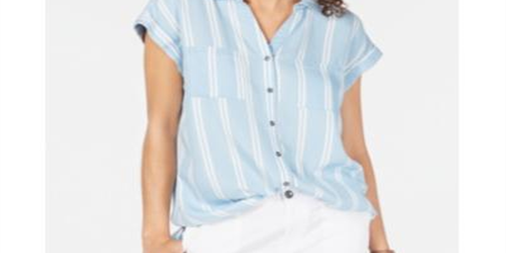 Style & Co Women's Short Sleeve Shirt Relax Stripe Blue Size X-Small