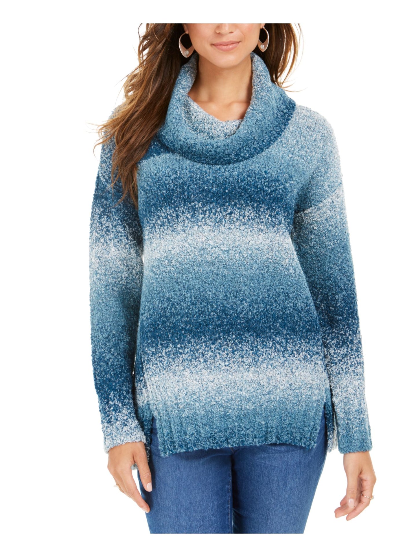 Style & Co Women's Teal Color Block Long Sleeve Turtle Neck T-Shirt Sweater Blue Size Petite Medium