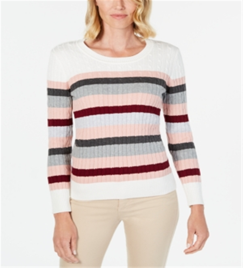 Karen Scott Women's Striped Cotton Cable Knit Sweater Gray Multi Size Petite XL