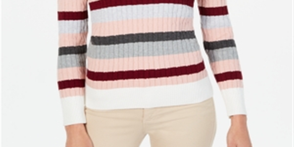 Karen Scott Women's Striped Cotton Cable Knit Sweater Gray Multi Size Petite XL