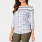 Charter Club Women's 3/4 Sleeve Printed Top White Size Petite M
