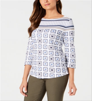 Charter Club Women's 3/4 Sleeve Printed Top White Size Petite M